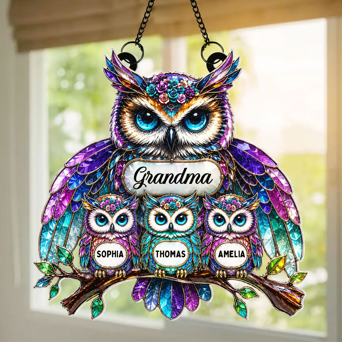 Grandma Owl - Personalized Window Hanging Decor - Halloween Decor for Grandma