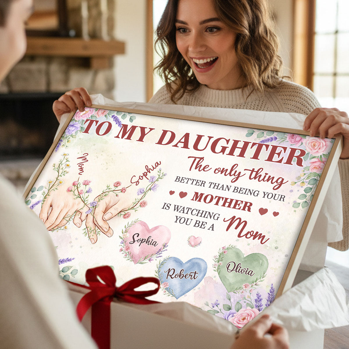 Floral To My Daughter Mom And Daughter Holding Hands Custom Kids Names - Personalized Poster - Mother's Day Gift For Daughter