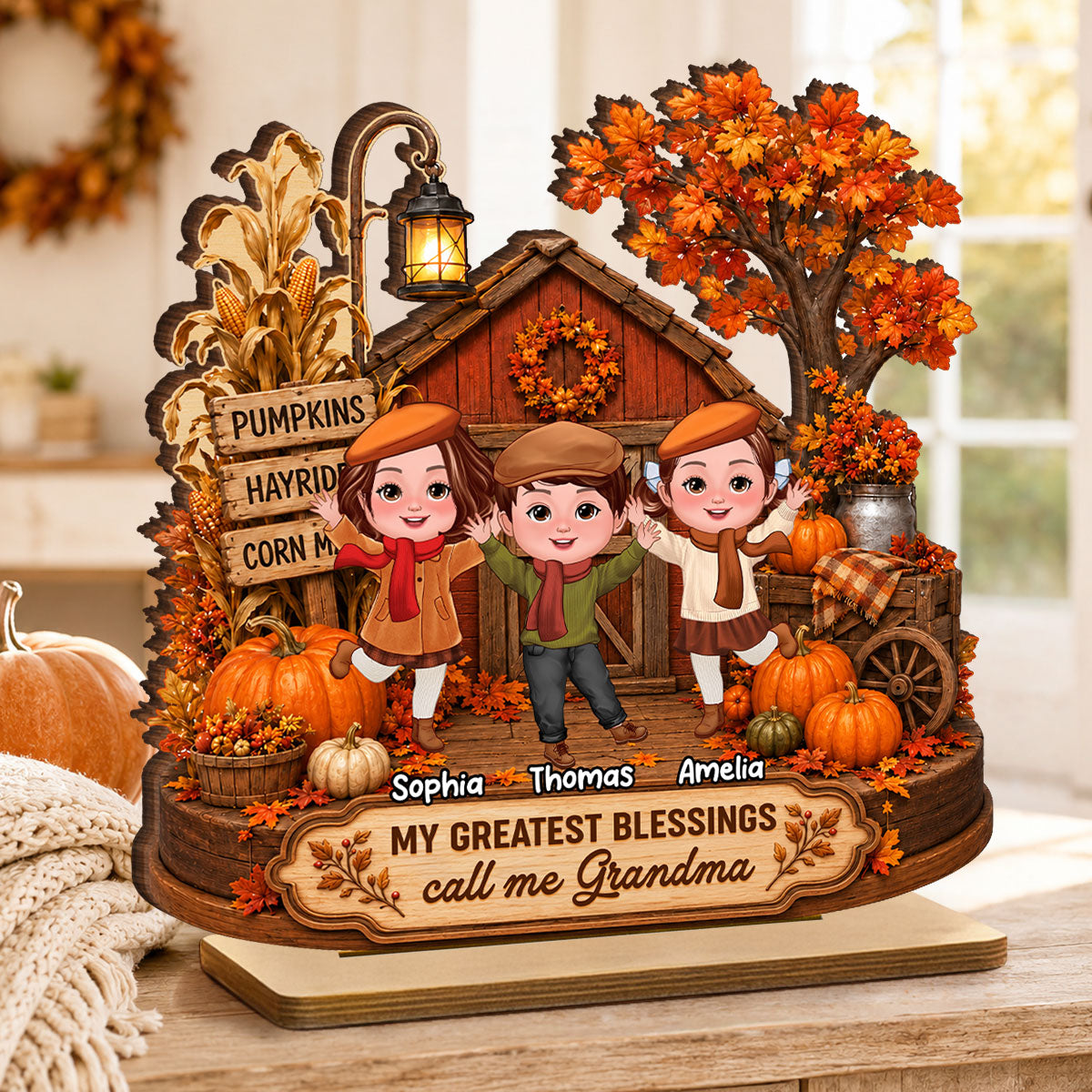 Grandma Grandkids Greatest Blessings - Personalized 2-Layered Wooden Plaque - Fall Season Decor Gift, Gift For Grandma
