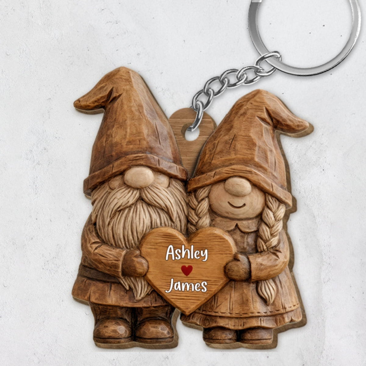 3D Effect Gnome Couple Standing - Personalized Wooden Keychain - Anniversary, Valentine's Day Gift For Him, Gift For Her