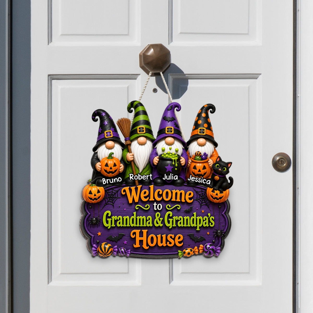 Halloween Gnome Welcome To Grandma Grandpa House - Personalized Door Sign - Halloween Decor Gift, Gift For Grandma, Grandpa
