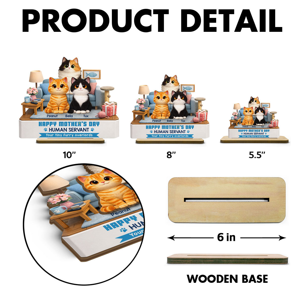 Cat Mom Cute Fluffy Cats Happy Mother's Day Human Servant - Personalized 2-Layered Wooden Plaque - Funny Mother's Day Gift For Cat Mom