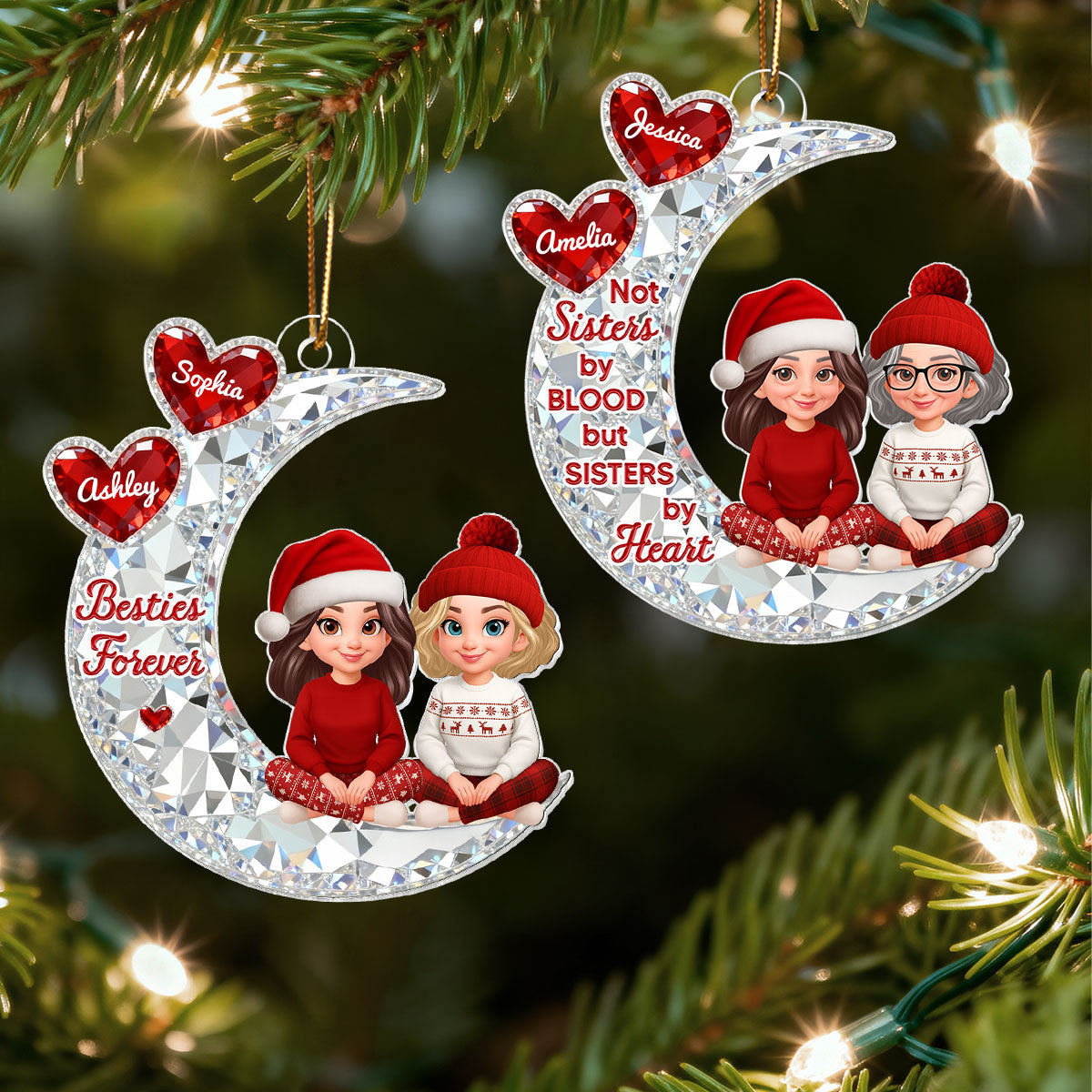 3D Shining Effect Besties Sitting On Moon - Personalized Acrylic Ornament - Gift For Best Friends, Matching Ornaments For Group Of Besties