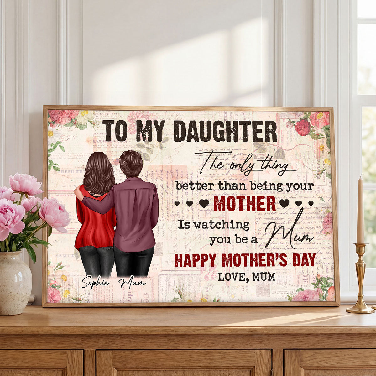 To My Daughter From Mum Vintage Floral Newspaper - Personalised Poster - UK Mother's Day