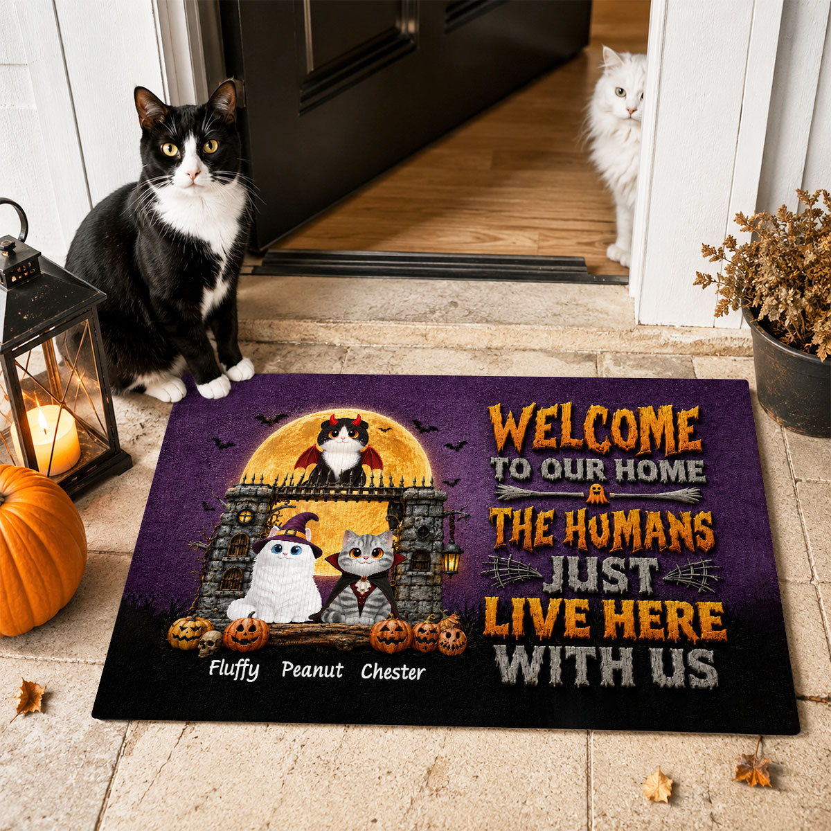 The Humans Just Live Here With Us - Personalized Doormat - Halloween Decor Gift, Gift For Cat Lovers