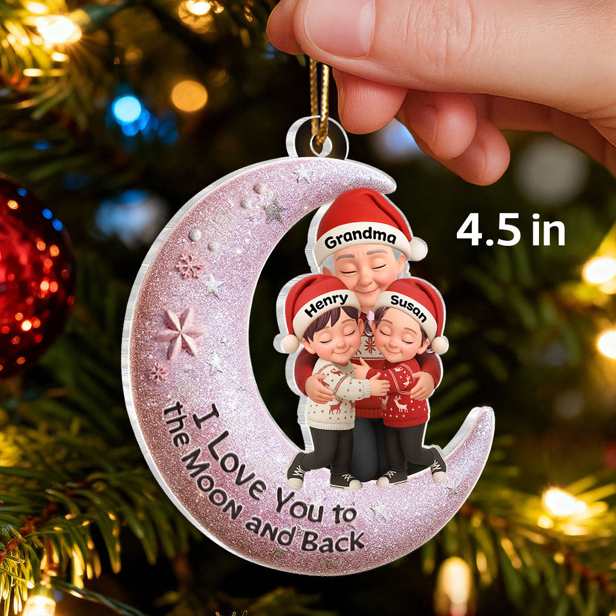 Grandma Hugging Grandkid on Moon - Personalized Acrylic Ornament - Christmas Gift for Grandma, Grandkids