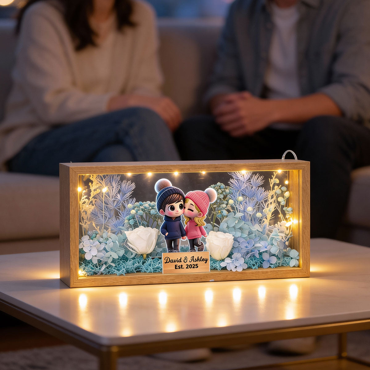 Eternal Love Cute Cartoon Chibi Couple Couple - Personalized DIY Flower Shadow Box LED Night Light - Gift For Couple, For Him, For Her
