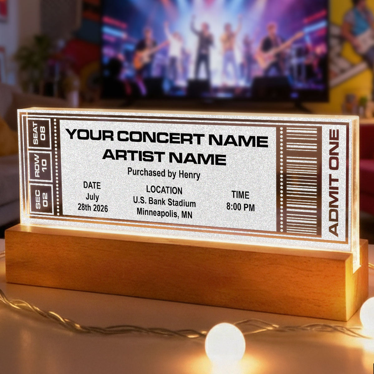 Custom Favorite Music Concert Photo Ticket - Personalized Acrylic Block LED Night Light - Valentine's Day Gift for her, for him