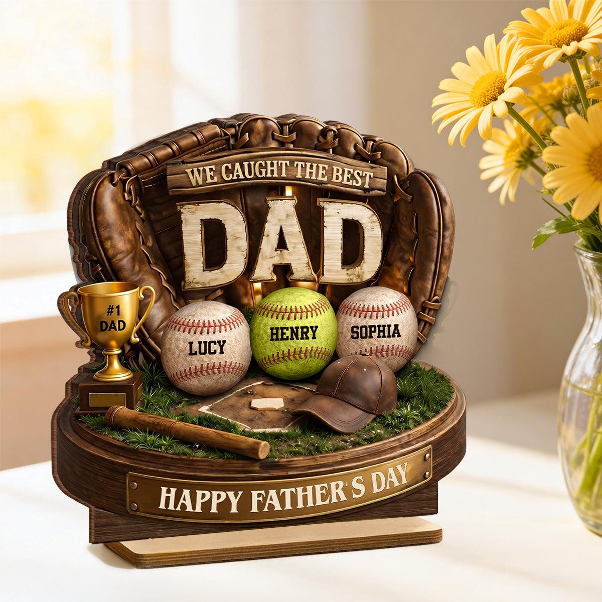 We Caught the Best Baseball Dad - Personalized 2-Layered Wooden Plaque -  Gift for Dad, Husband