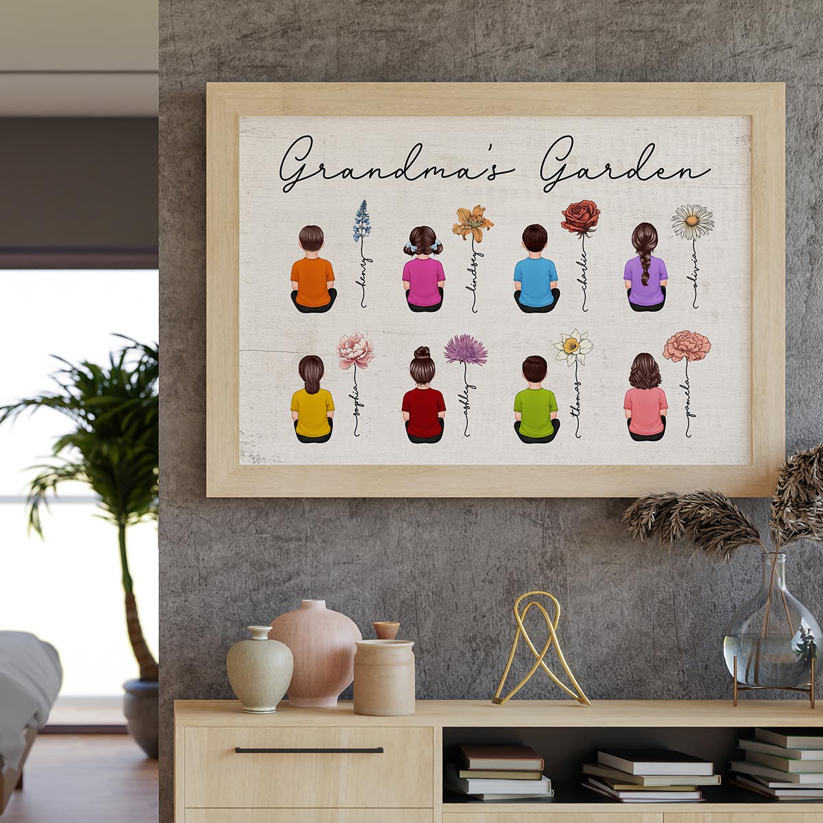 Vintage Birth Month Flowers Garden With Grandkids Names Personalized Poster, Mother‘s Day Gift For Grandma Mom Auntie