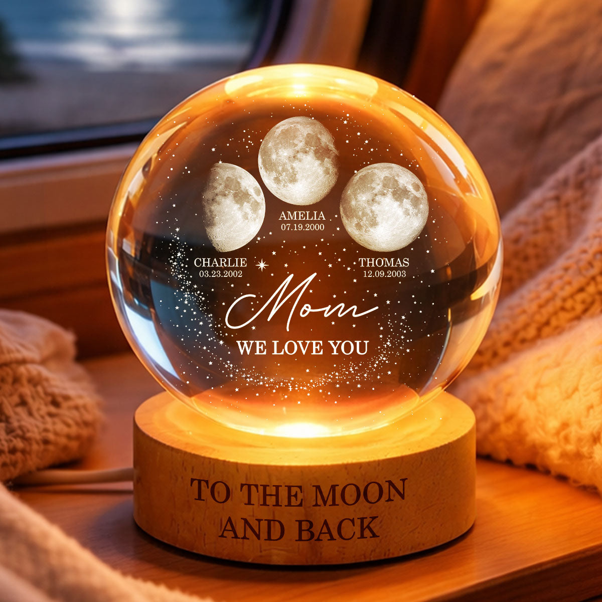 Love to the Moon and Back - Personalized Crystal Ball LED Night Light - Custom Moon Phase by Date, Mother's Day Gift for Mom, Wife