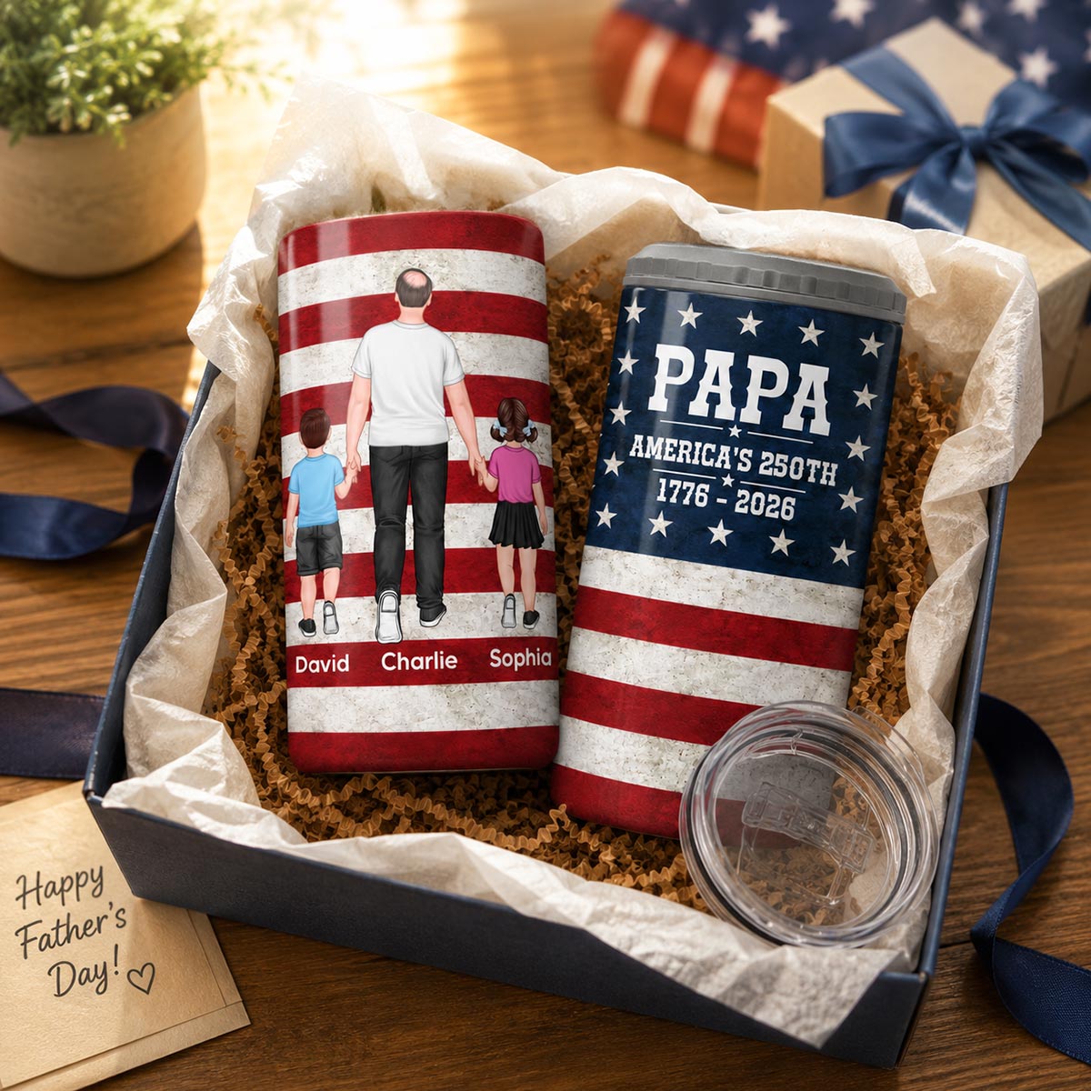 Proud American Dad Grandpa Walking With Kids - Personalized 4-in-1 Can Cooler - 4th Of July, American 250th Anniversary Gift For Patriotic Dad, Grandpa