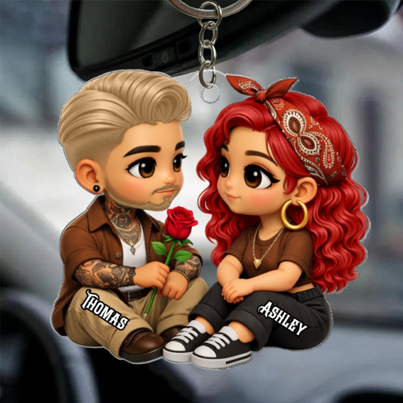 3D Effect Cute Couple A Rose For You - Personalized Acrylic Car Hanger - Valentine's Gift For Him, For Her, For Couple