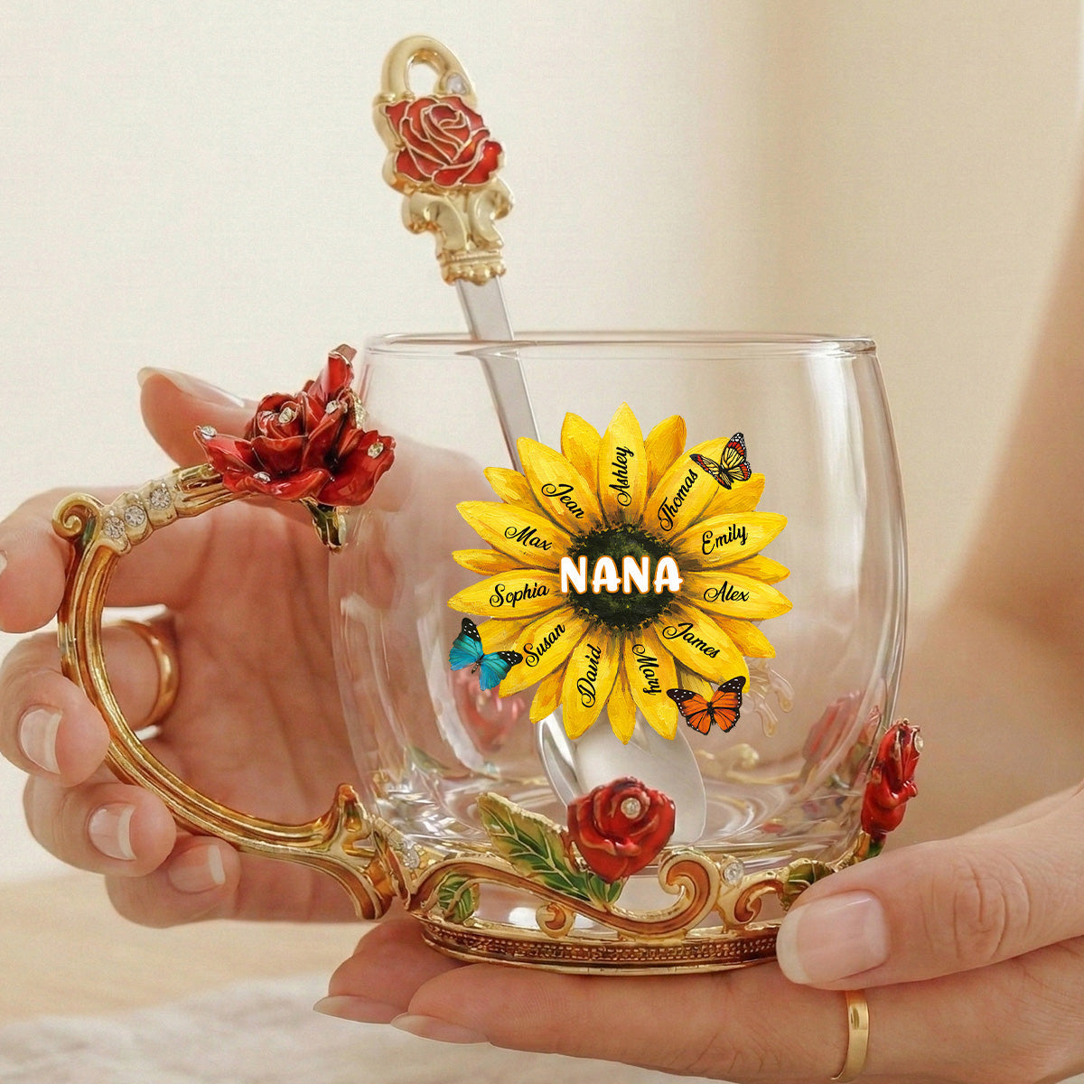 Grandma Sunflower Custom Kids Names - Personalized Enamel Flower Tea Cup - Gift For Grandma, Mom