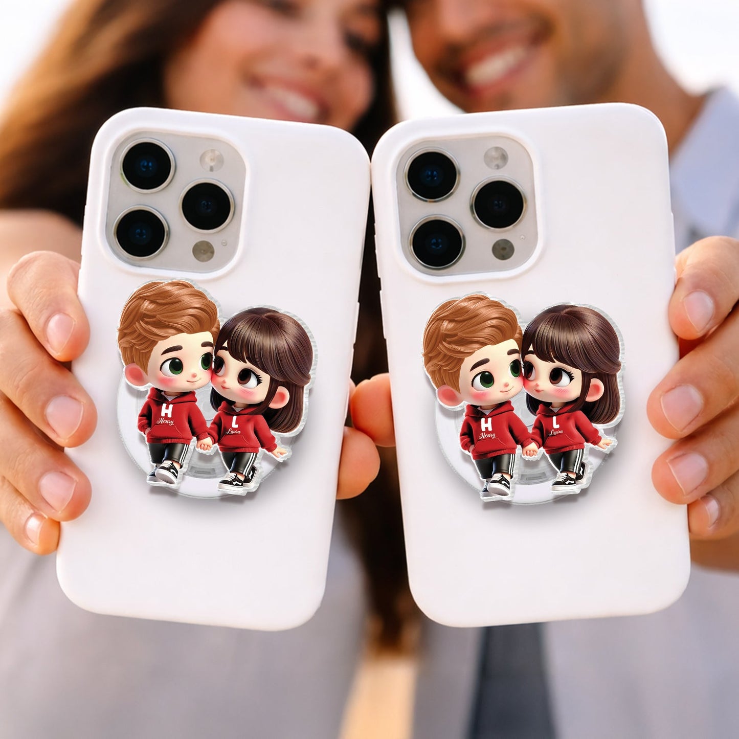 3D Effect Cute Cartoon Couple Holding Hands - Personalized Acrylic Magnetic Phone Grip - Matching Phone Grips for Couples