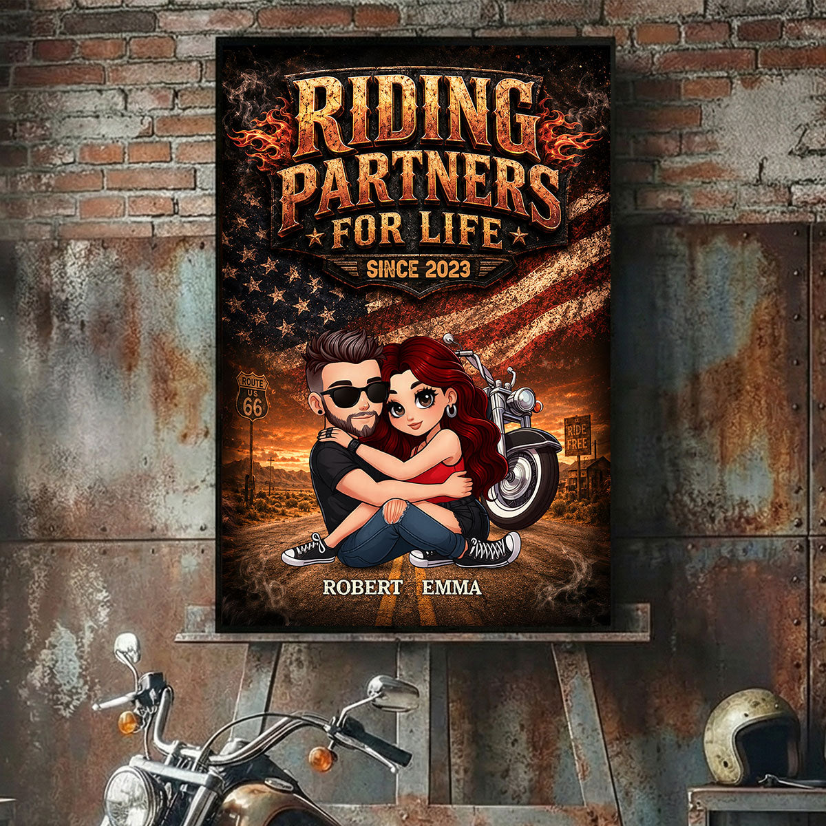 Bikers Couple Riding Partners for Life Nation Flag - Personalized Poster - Gift for Him, for Her