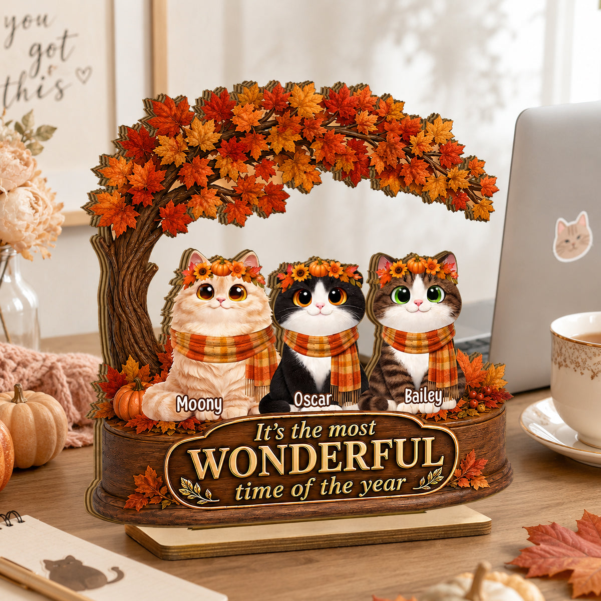 Most Wonderful Time of the Year Cats - Personalized 2-Layered Wooden Plaque - Fall Decor for Cat Lovers