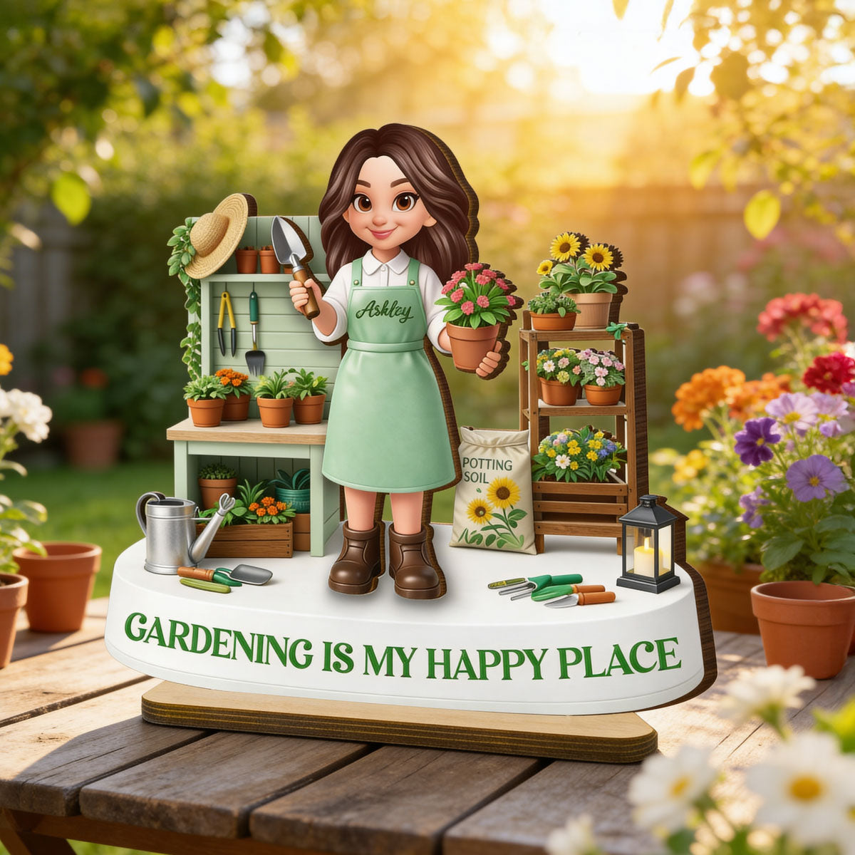 Gardening Is My Happy Place - Personalized 2-Layered Wooden Plaque - Gift For Mom, Grandma