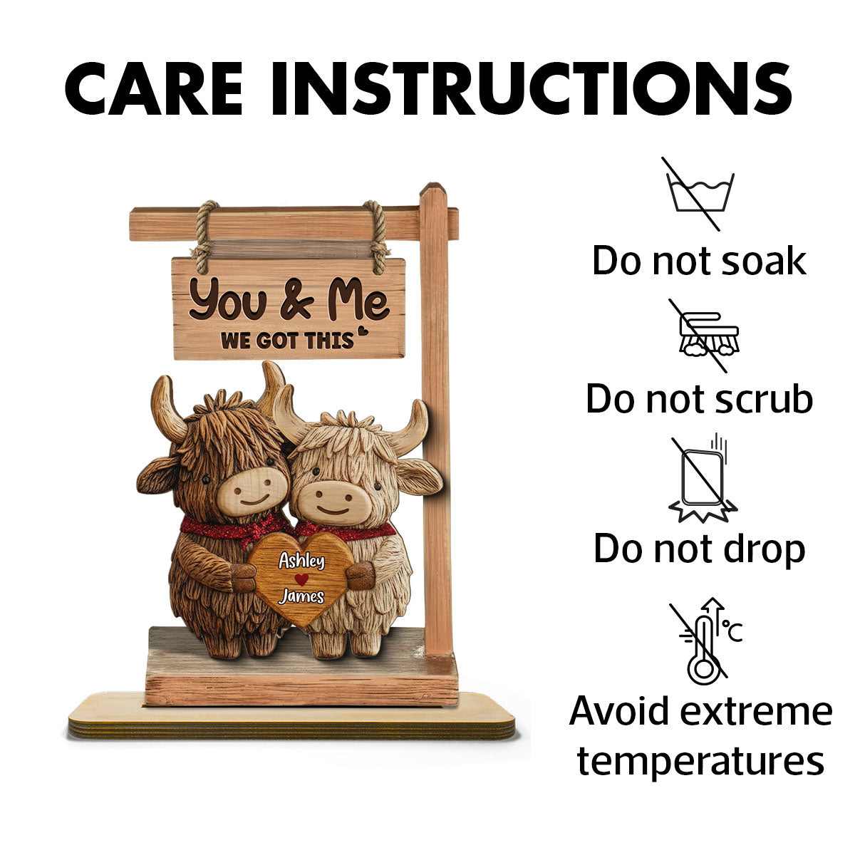 3D Effect Highland Cows Couple - Personalized 2-Layered Wooden Plaque - Perfect Valentine's Day Gift For Him, Gift For Her