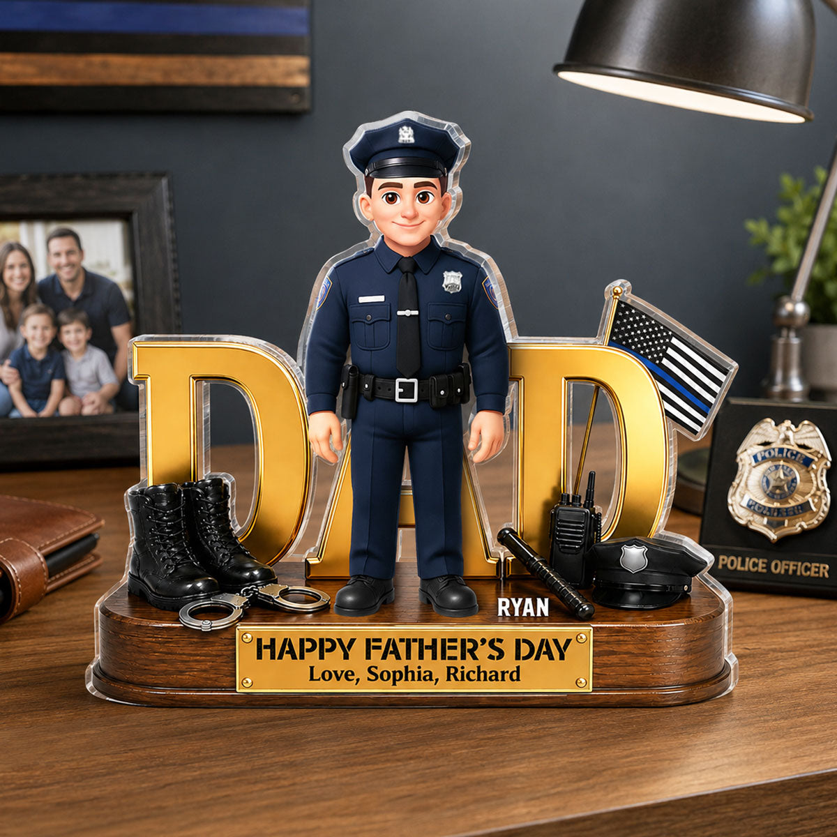 Proud American Police Dad You Are Our Hero Thin Blue Line 2D Flat - Personalized Acrylic Block Plaque -  Gift For Dad