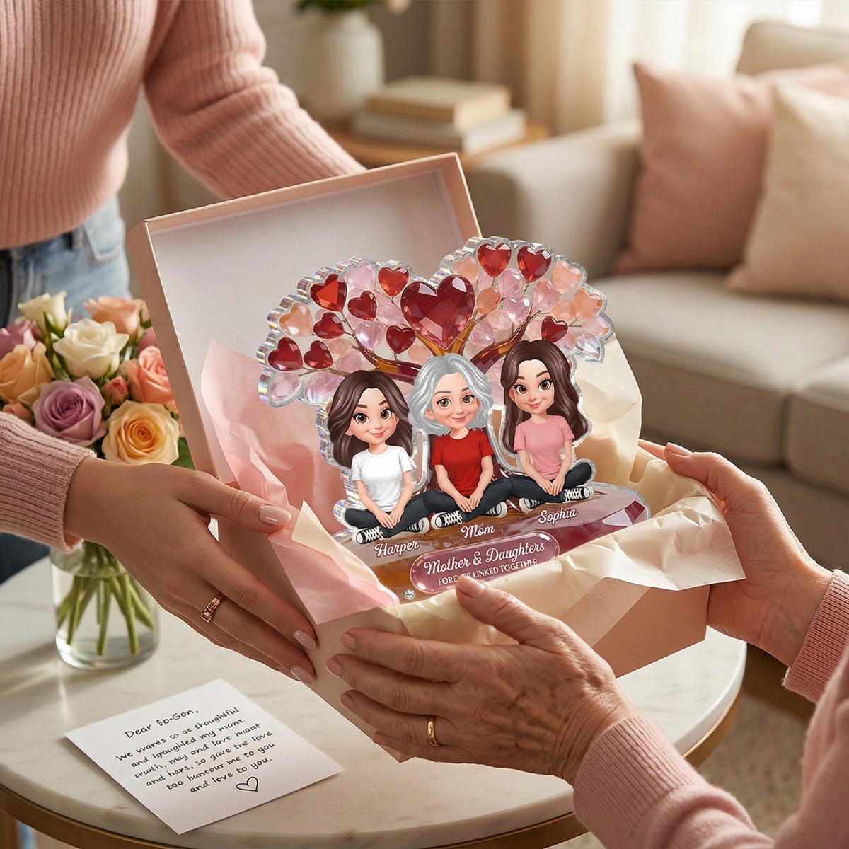 Mom And Son Daughter Under Heart Tree Forever Linked Together - Personalized Acrylic Block Plaque - Gift For Mom