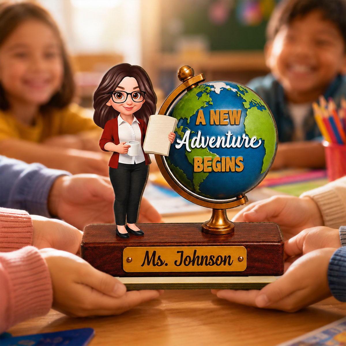 Teacher Globe New Adventure 2D Flat - Personalized Wooden Plaque - Back To School Gift