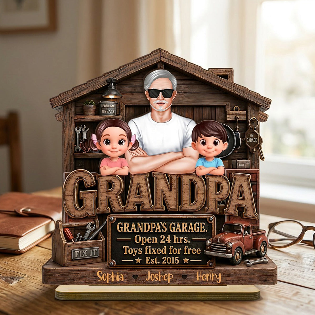 Grandpa's Garage - Personalized 2-Layered Wooden Plaque -  Gift for Dad, Grandpa, Husband