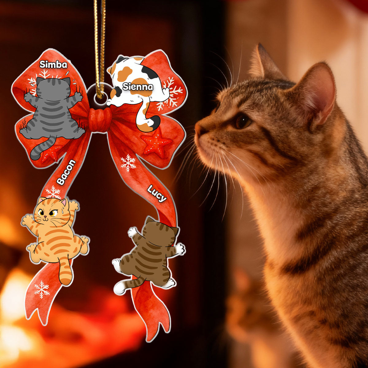 Cat Climbing Christmas Coquette - Personalized Acrylic Ornament - Christmas Gift for Cat Lovers