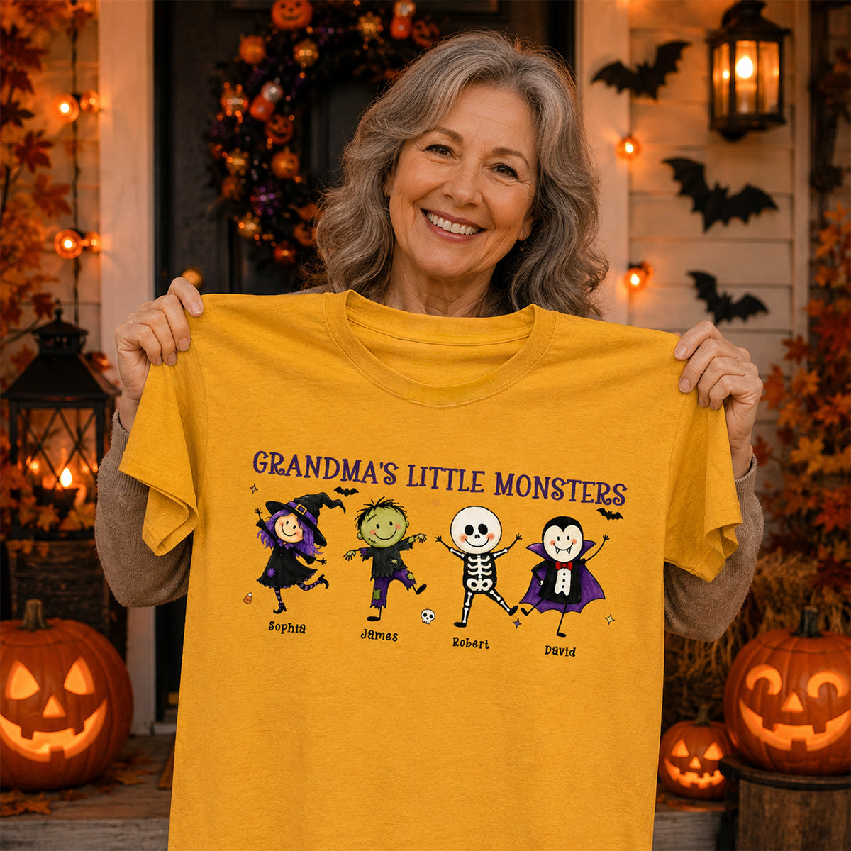 Grandma's Little Monsters Cute Doodle Characters - Personalized Shirt - Halloween Costume For Mom Grandma