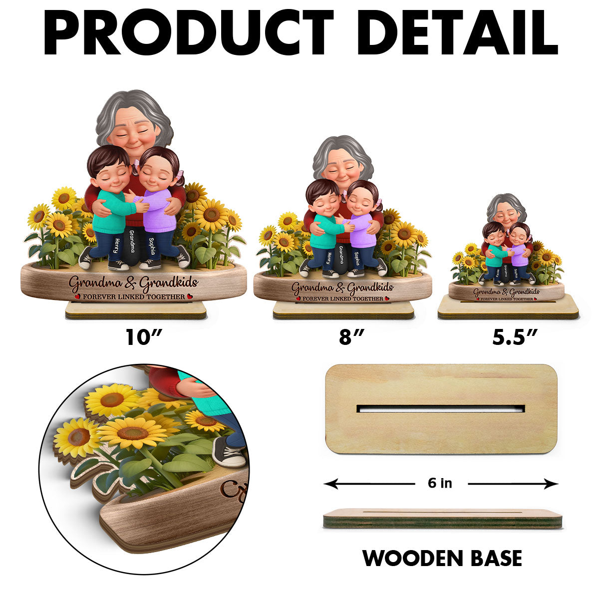 Grandma And Grandkids Forever Linked Together Sunflower Field - Personalized 2-Layered Wooden Plaque - Gift For Grandma