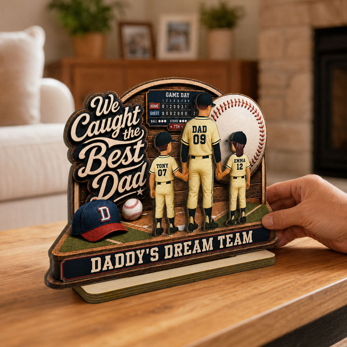 Baseball Things Dad & Kids Back View Standing 2D Flat - Personalized 2-Layered Wooden Plaque - Happy  For Baseball Dad
