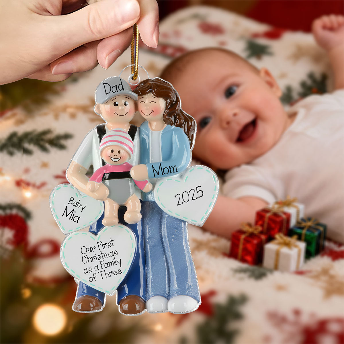 3D Effect First Christmas As Family Of Three Mom Dad & Baby On Carrier - Personalized Acrylic Ornament