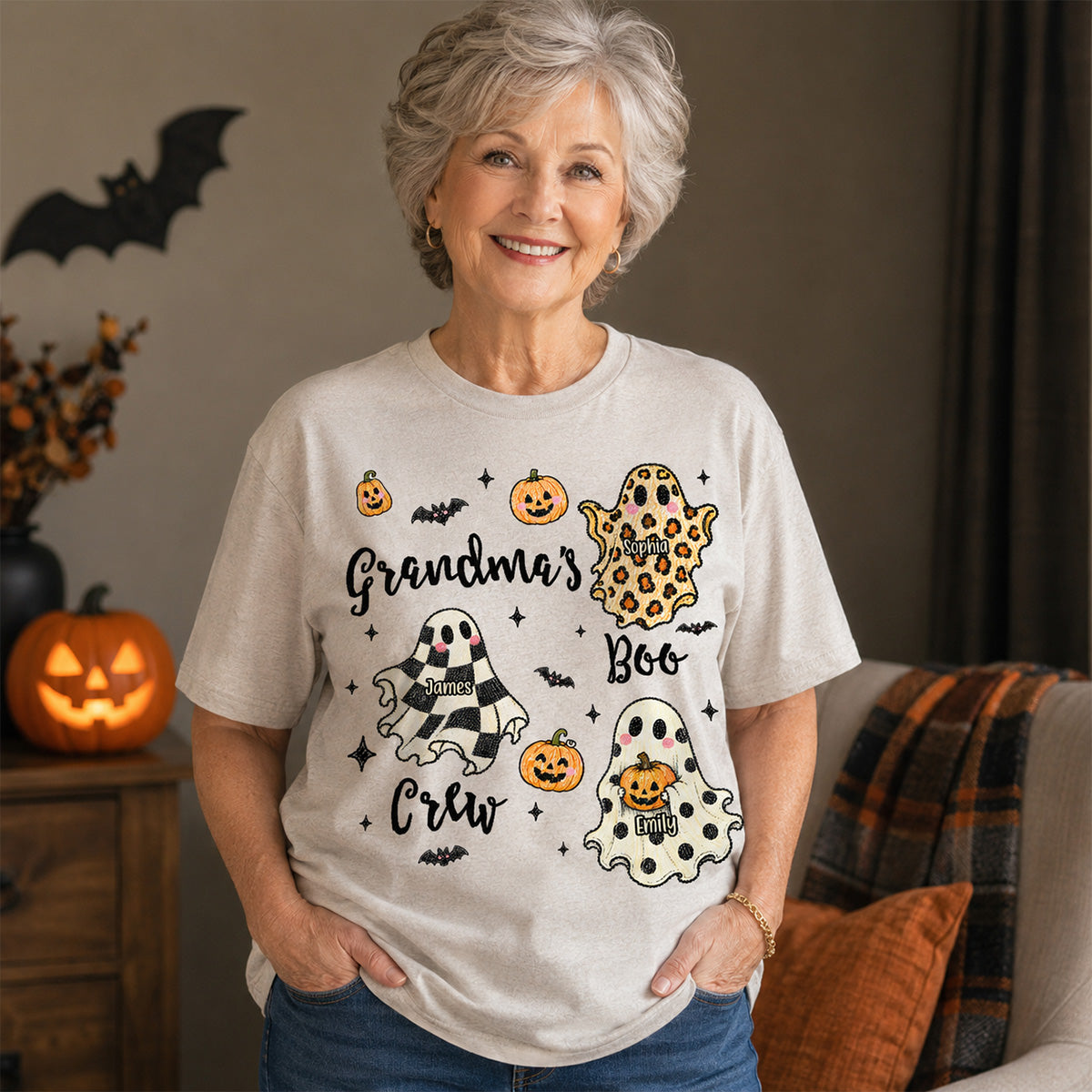 Grandma's Boo Crew Checkered Leopard Polka Dot Ghosts - Personalized Shirt - Perfect Halloween Costume for Grandma