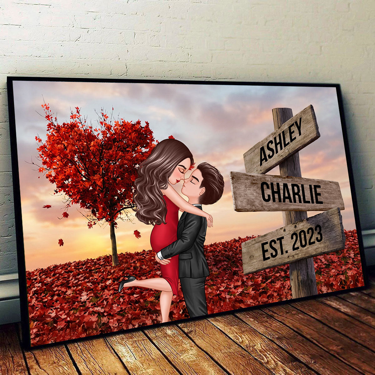 Couple Hugging Kissing Sign Post - Personalized Poster - Heartfelt Gift For Him, Her, Wife, Husband, Couple