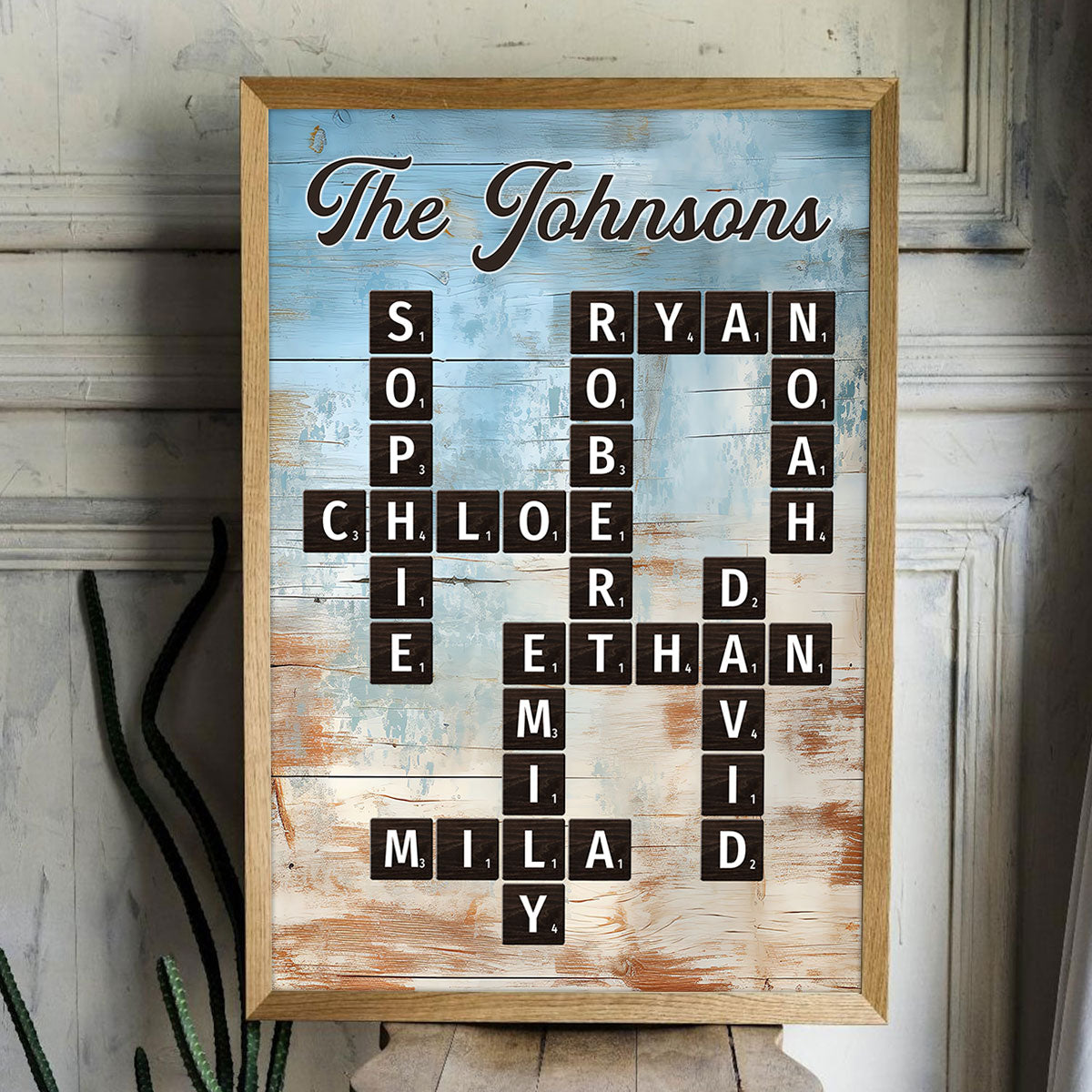 Family Crossword Puzzle Blue Rustic Wood Palette - Personalized Poster - Wall Art Home Decor