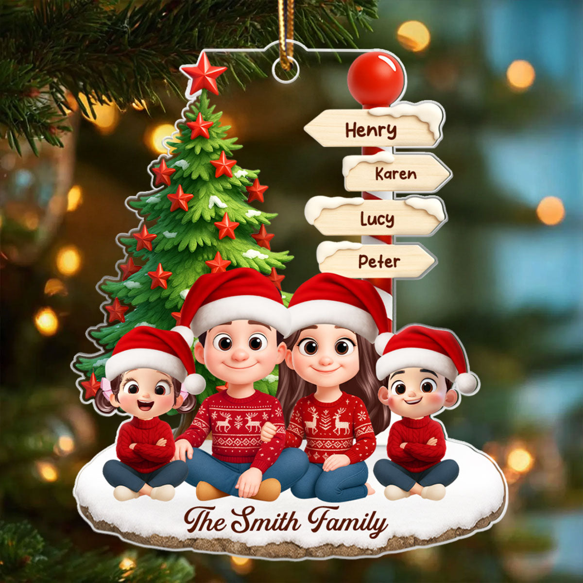 Family Sitting Together Custom Name Sign Post - Personalized Acrylic Ornament - Christmas Gift for Family