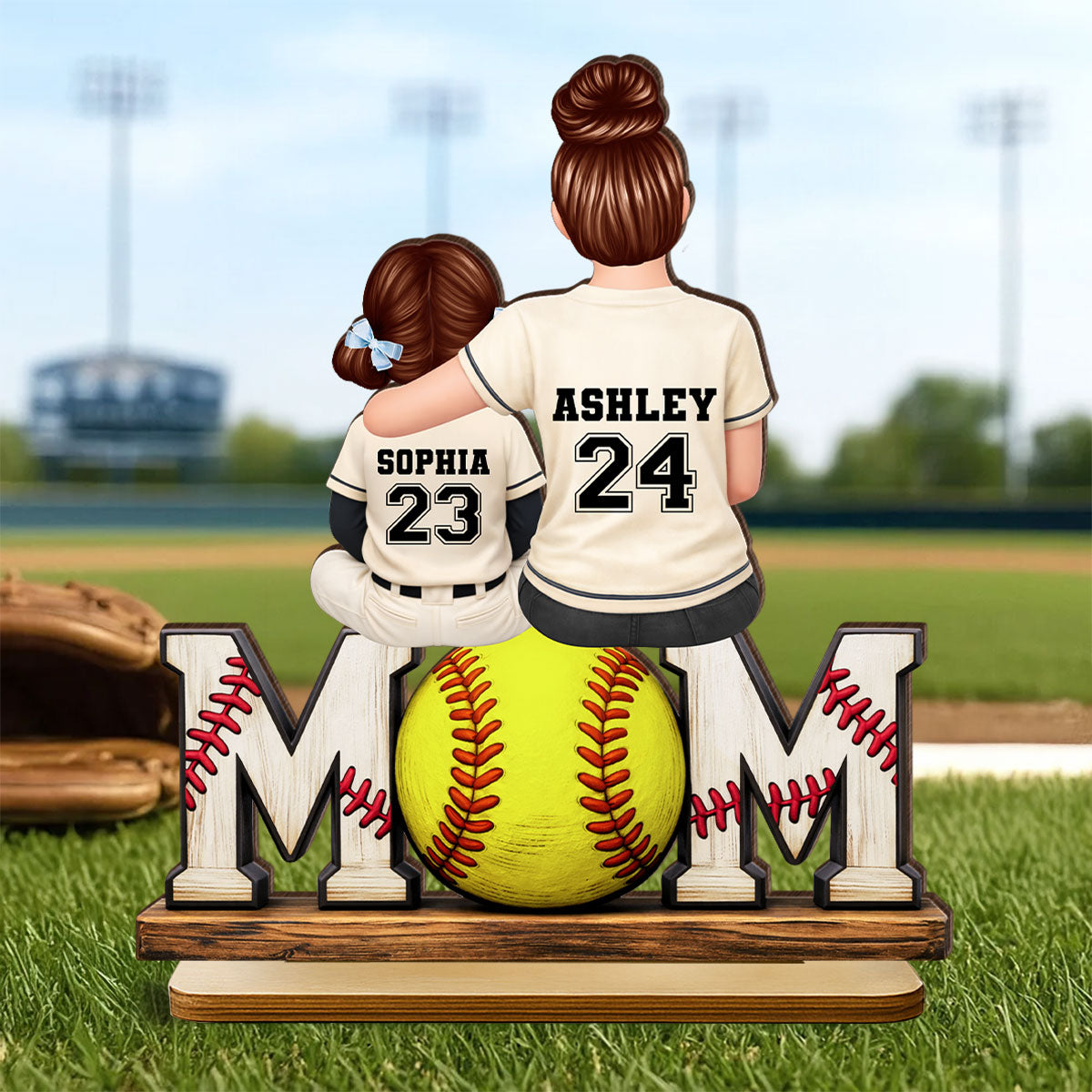 Baseball Mom and Kids Sitting Back View - Personalized 2-Layered Wooden Plaque - Heartfelt Gift for Mom