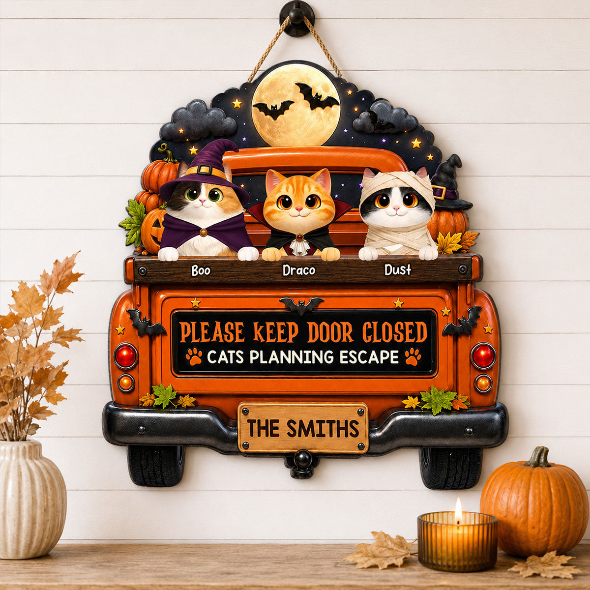 Cute Cat Keep Door Closed - Personalized Wood Sign - Halloween Gift For Cat Lovers, Halloween Decor