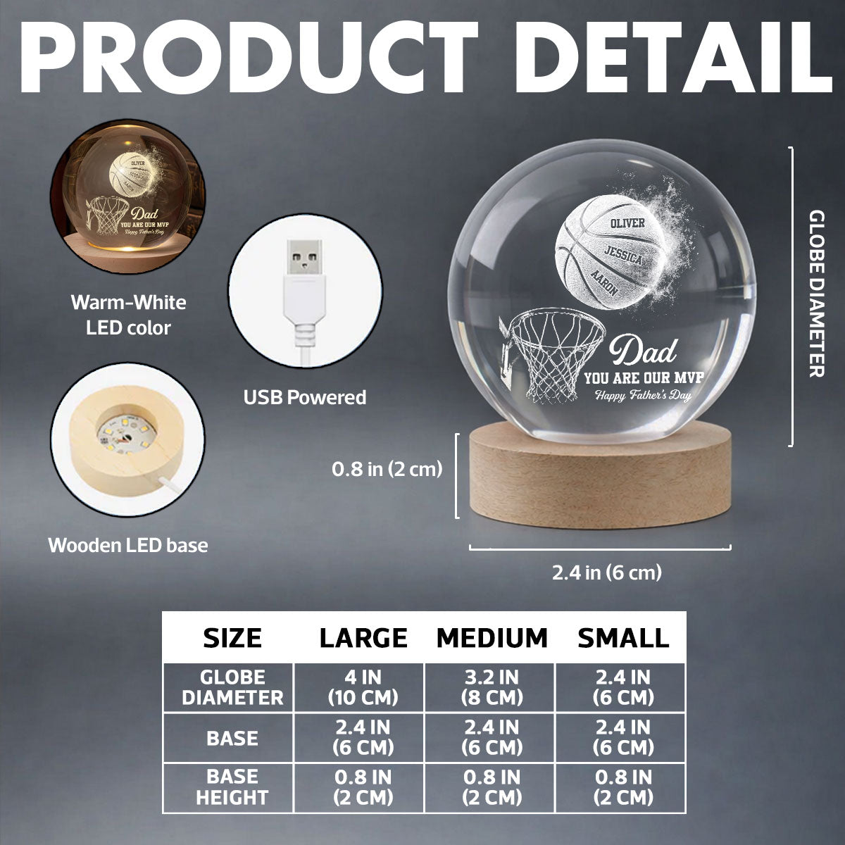 Basketball No 1 Dad Legend You Are Our MVP - Personalized Crystal Ball LED Night Light -  Gift For Dad, Husband, Basketball Fans