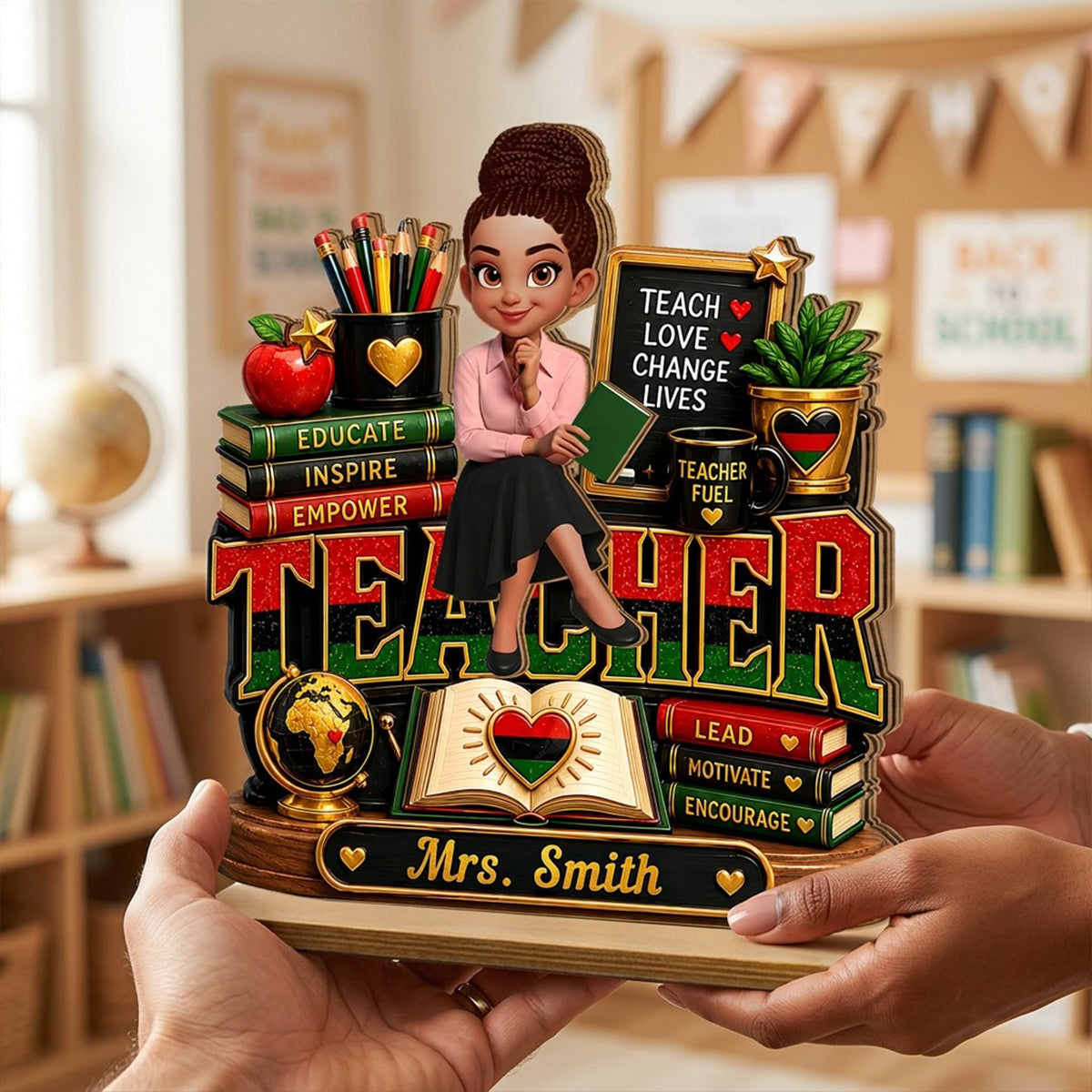 Teach Love Changes Life - Personalized 2-Layered Wooden Plaque - African American Teacher Appreciation Gift