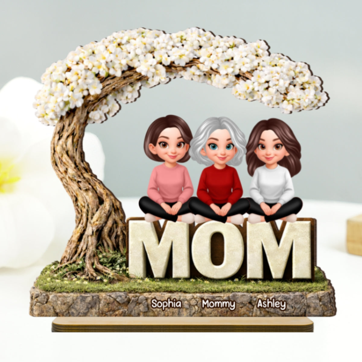Mom And Her Kids Under The Tree - Personalized 2-Layered Wooden Plaque - Heartfelt Gift For Mom, Grandma