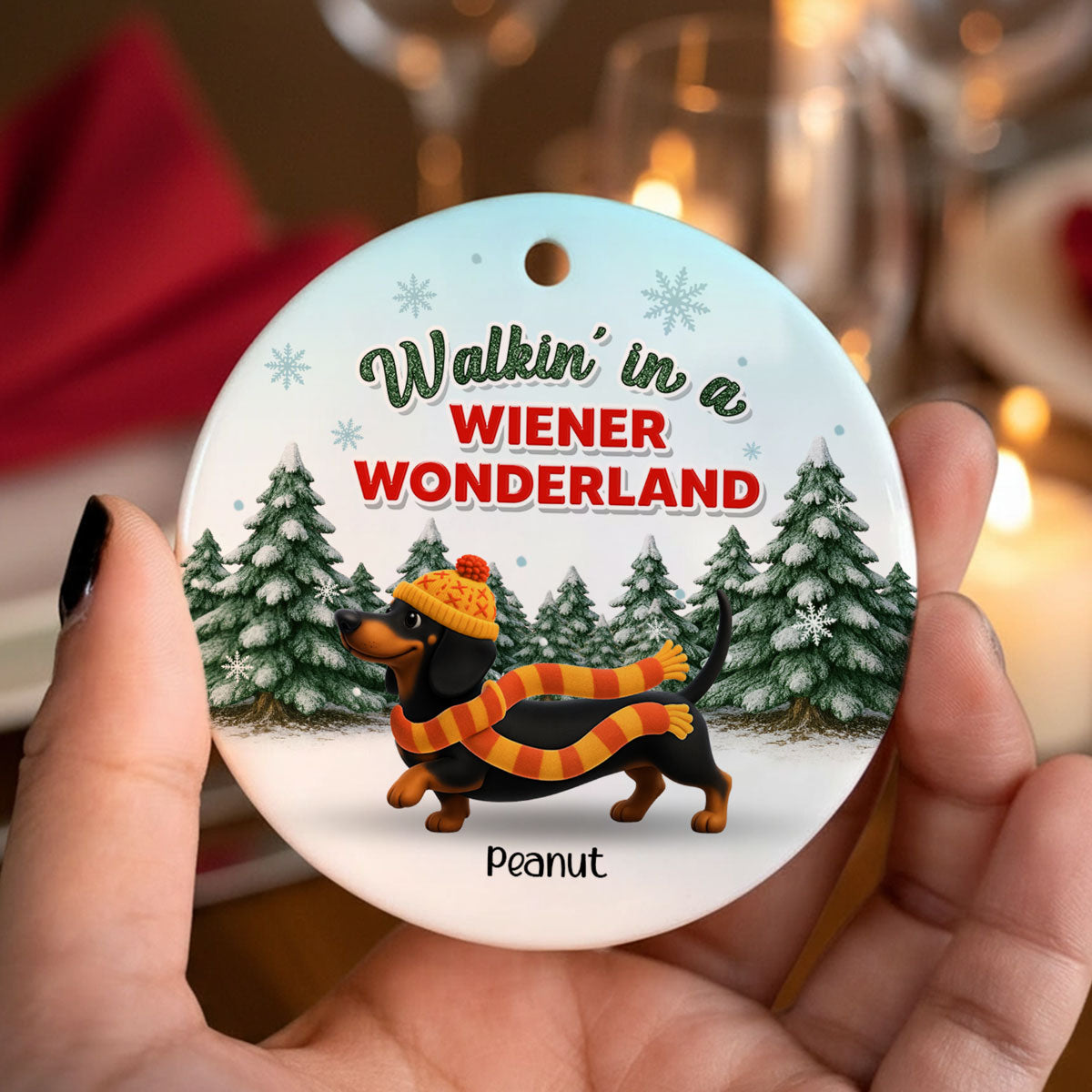Christmas Dachshunds Walking In A Wiener Wonderland - Personalized Ceramic Ornament - Gift For Dachshund Lovers
