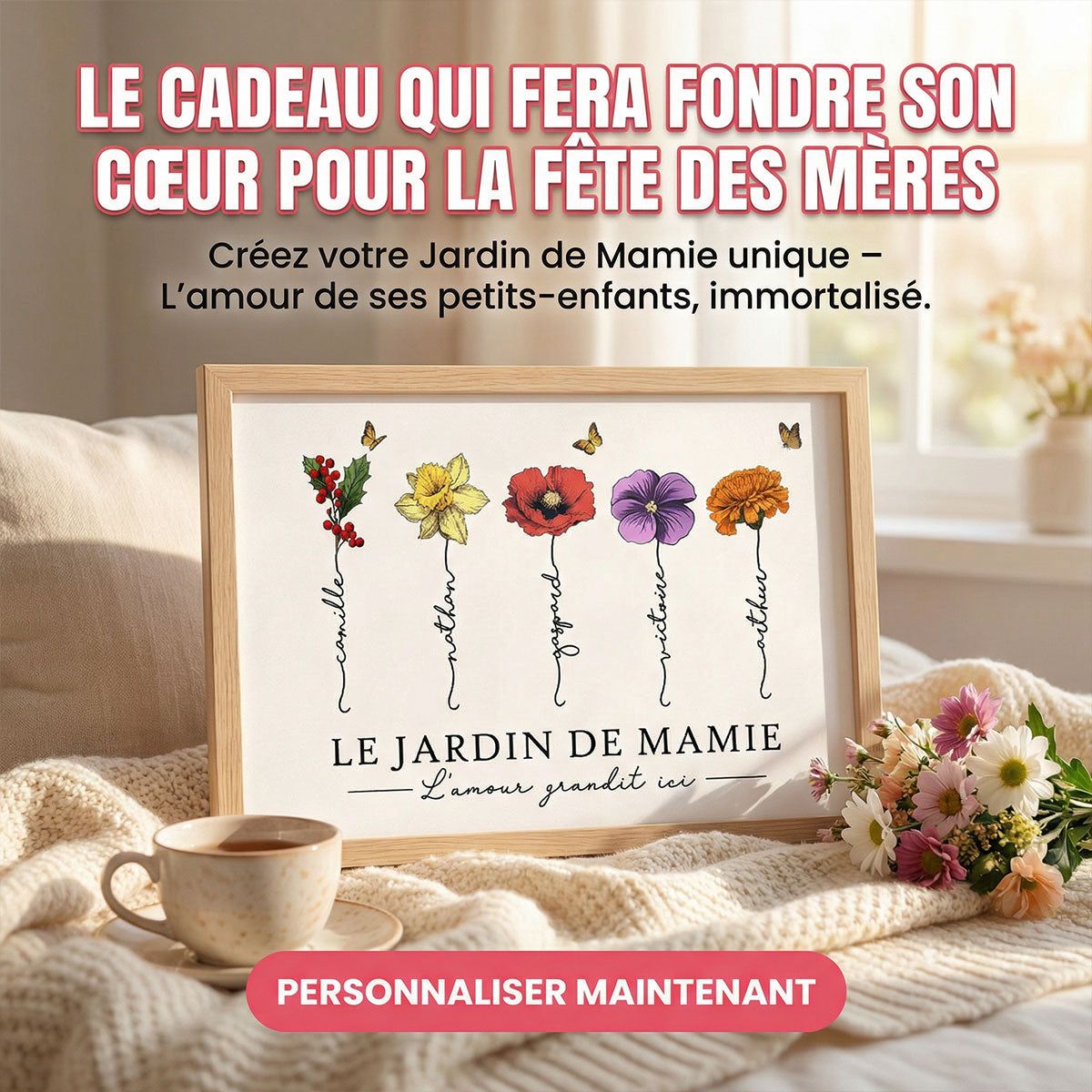 Le Jardin de Mamie Fleurs de Naissance - Affiche Personnalisée - Cadeau de Fête des Mères