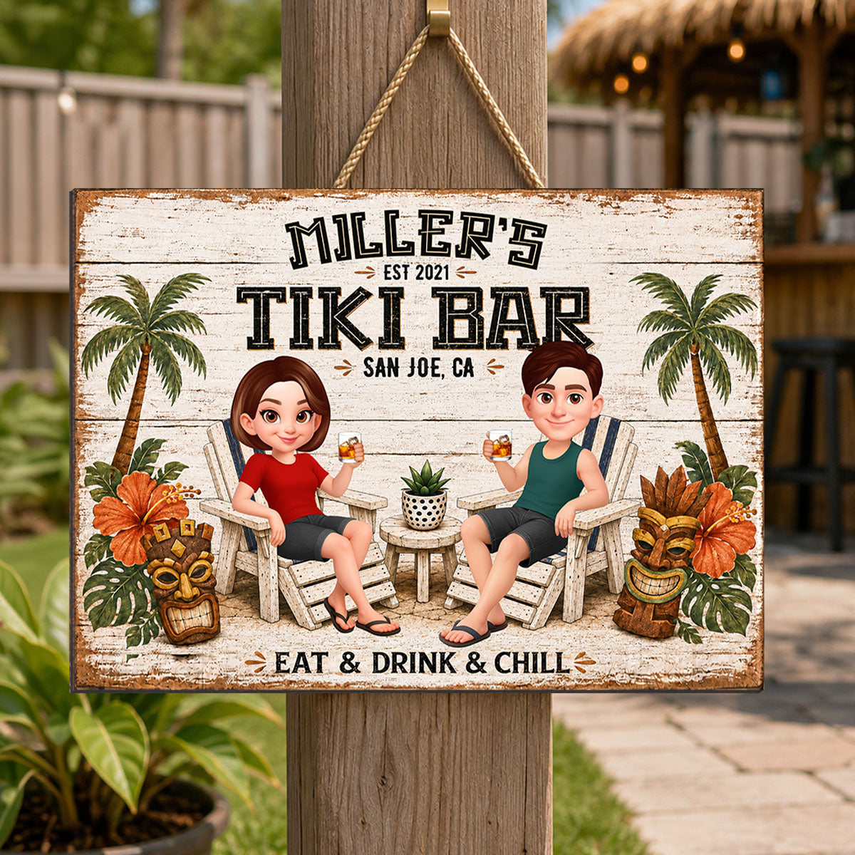 Custom Couple Tiki Bar - Personalized Wooden Sign - Outdoor Home Bar Decor, Eat Drink & Chill Sign, New Home Gift