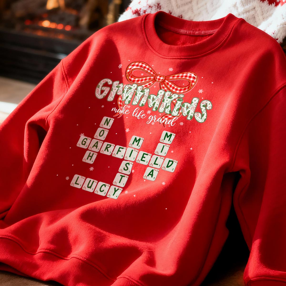 Grandkids Make Life Grand Coquette Floral Christmas Pattern Crossword Puzzle Art - Personalized Shirt