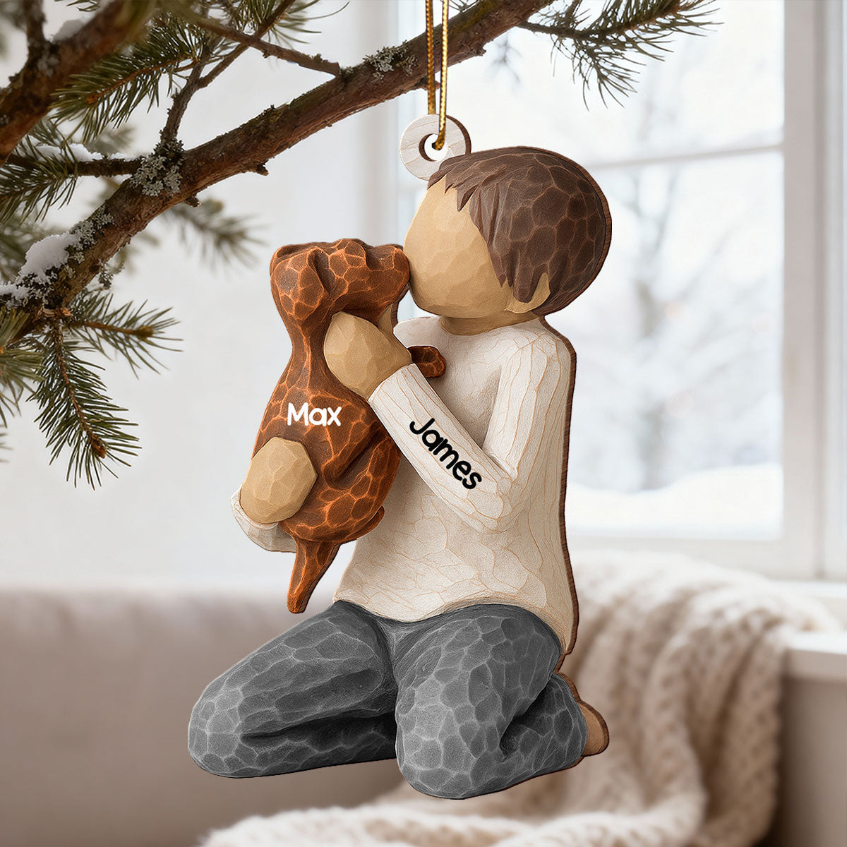 3D Effect Boy Girl Hugging Dog - Personalized Wooden Ornament - Christmas Gift For Dog Lovers