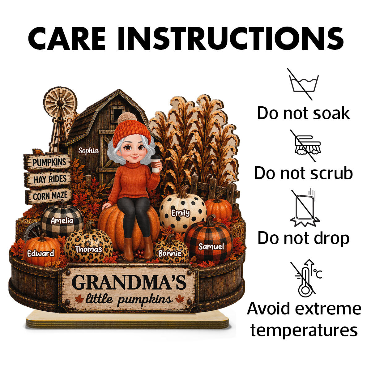 Grandma Pumpkins Hay Rides Corn Maze 2D Flate - Personalized Wooden Plaque