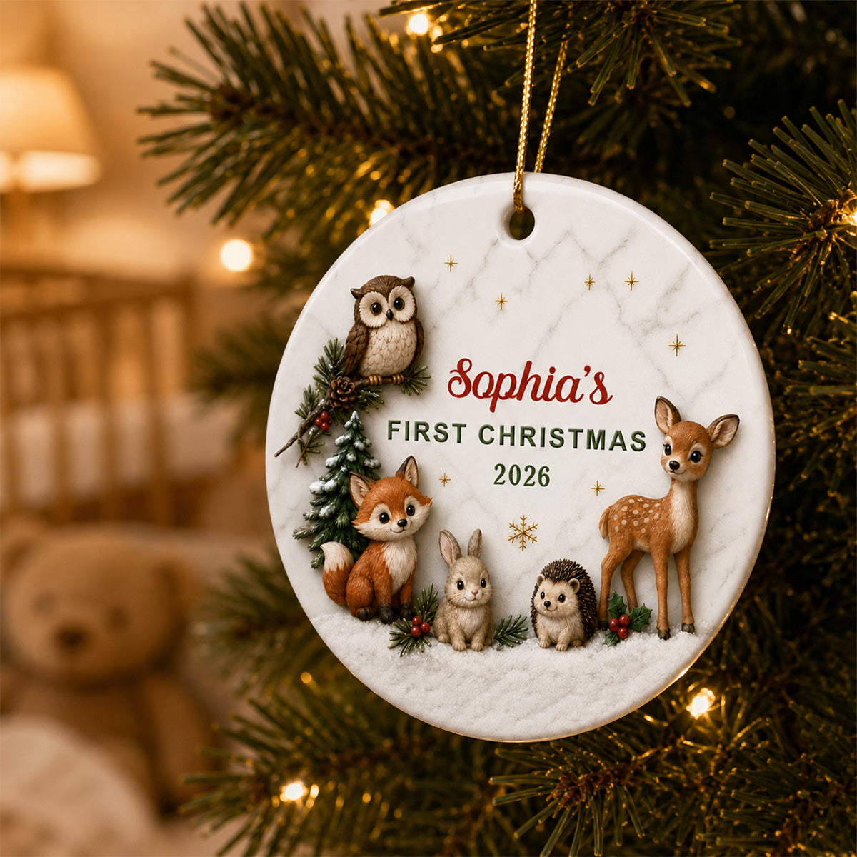 Baby First Christmas Woodland Animals 2D Flat - Personalized Ceramic Ornament - Christmas Keepsake