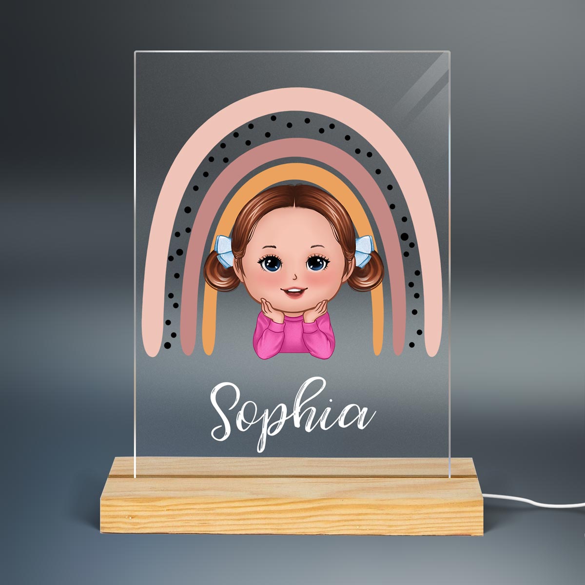 Rainbow Doll Kids Chin On Hands Personalized Rectangle Acrylic Plaque LED Lamp Night Light For Nursery Room Bedroom