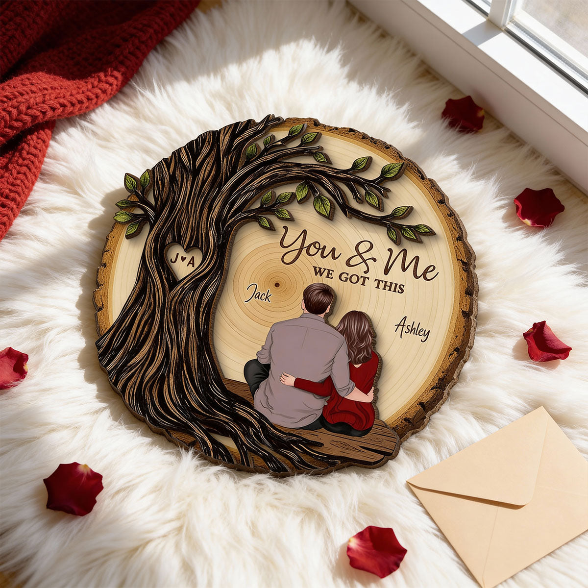 Couple Sitting Back View Under Heart Carved Tree - Personalized 2-Layered Wooden Plaque - Valentine's Day Gift For Couple